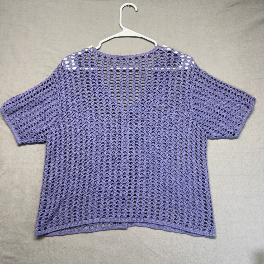 Handmade Y2K Crochet Cardigan Women Medium Purple Short Sleeve Boho Knit V-Neck - Picture 2 of 9
